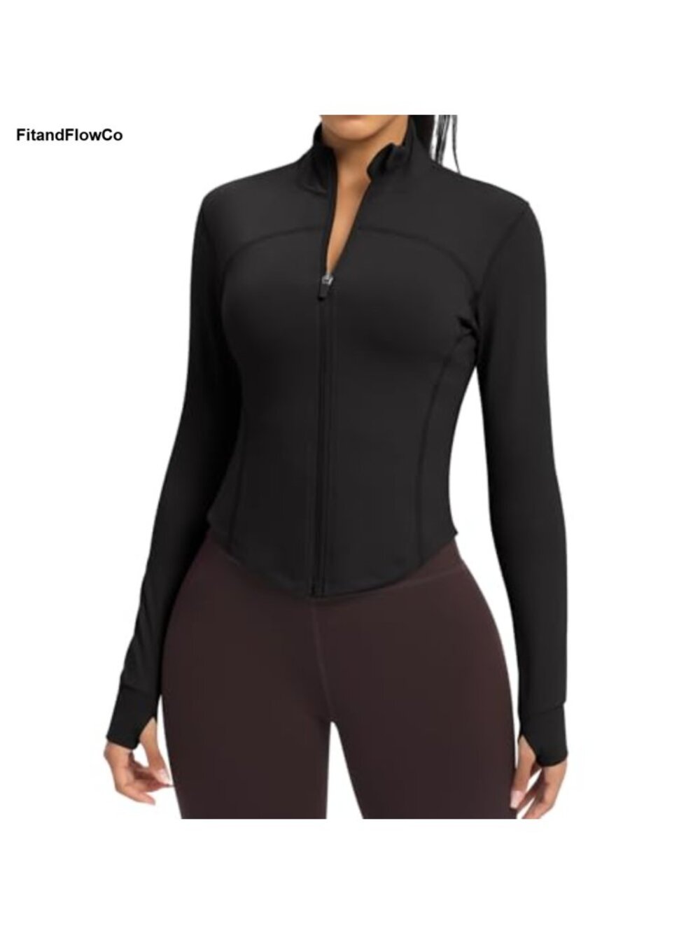 Cropped Full Zip Athletic Jacket Thumbholes Slim Fit Yoga Running
